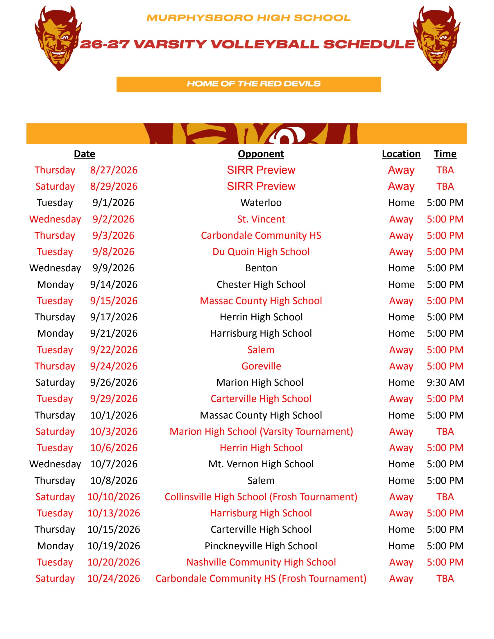 26-27 Volleyball Schedule